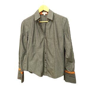 Flatiron Workshop Black Gray White Striped Button-Up Shirt Sz 1 Embroidered Trim